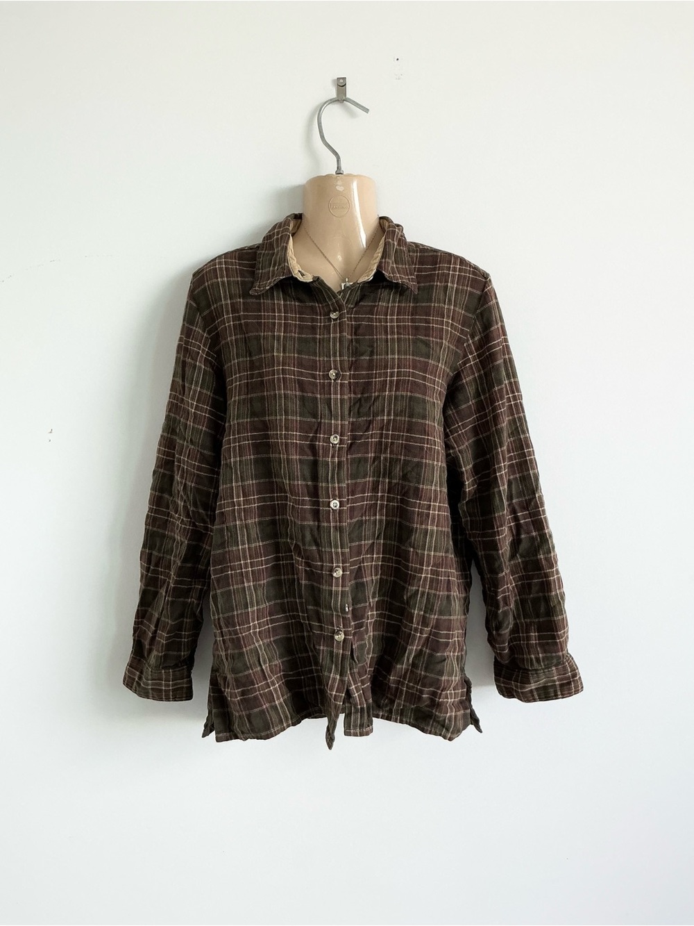 Vintage grunge button up down brown green red plaid shirt